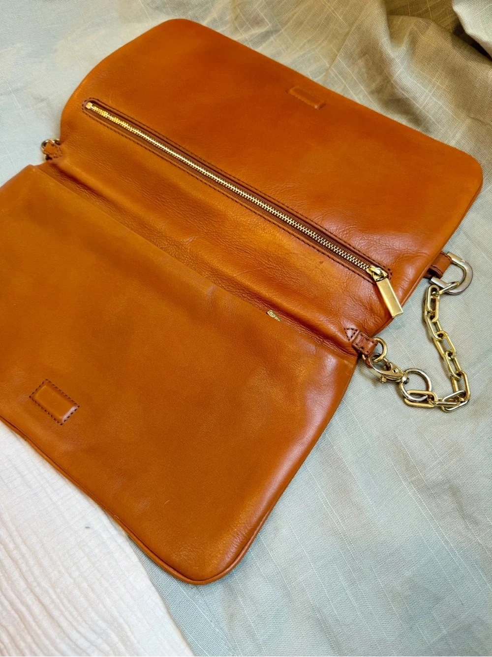 Tory Burch Cognac Leather Logo Clutch with Gold Chain